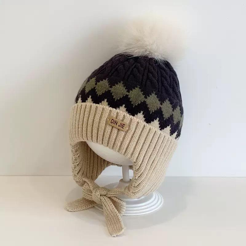 New Children's Rhombus Jacquard Knitted Ear Protection Hat for Boys and Girls' Babies Autumn and Winter Fleece Warm Hat
