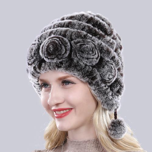 Sale Winter Women Flowers Striped Natural Real Rex Rabbit Fur Hats Lady Warm Knit Genuine Fur Caps Russian Outdoor Fur Hats