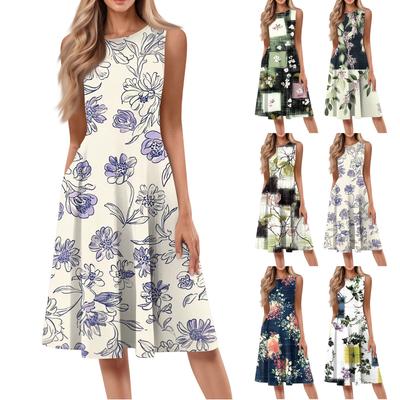 Vestido Midi Casual Feminino Estampado Floral Gola Redonda Sem Mangas Cor Sólida