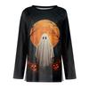 Women's Round Neck Long Sleeve Top with Halloween Print and Side Slit for Fall Festive Occasions