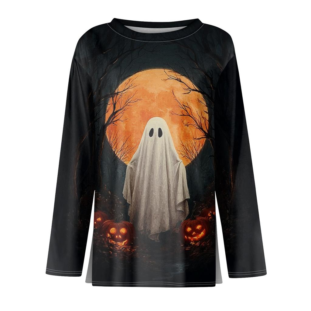 Women's Round Neck Long Sleeve Top with Halloween Print and Side Slit for Fall Festive Occasions