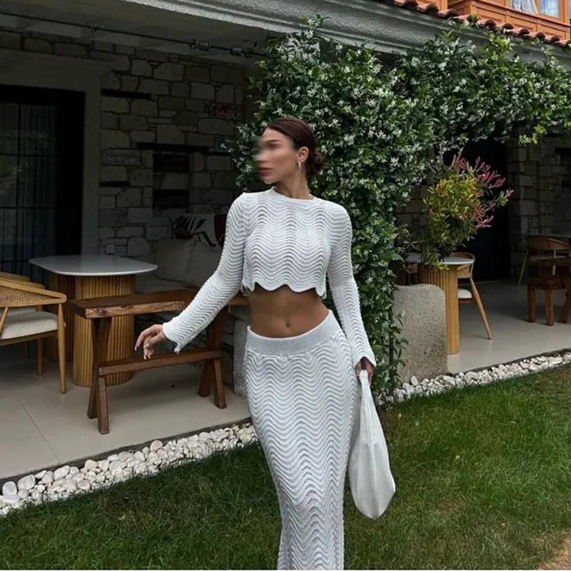 Charm Of Louvre French Vacation Style Solid Color Lace Hollowed-out Shirt High Waist Skirt Suit Women's