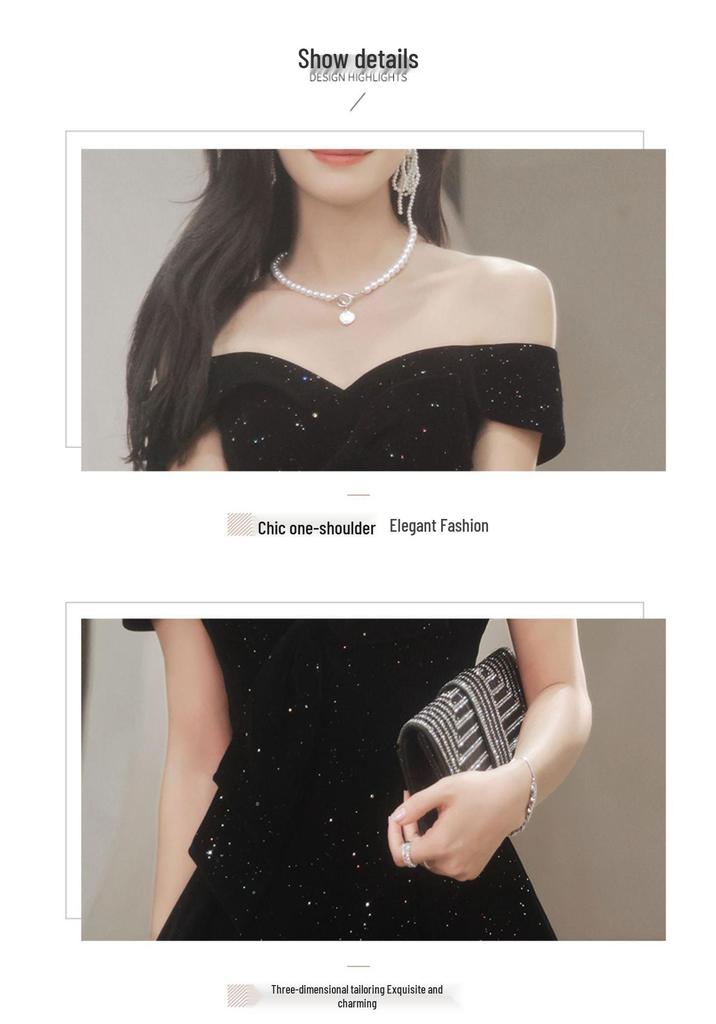 Elegant Black Velvet One-Shoulder Evening Gown - Luxury Slimming Banquet Dress