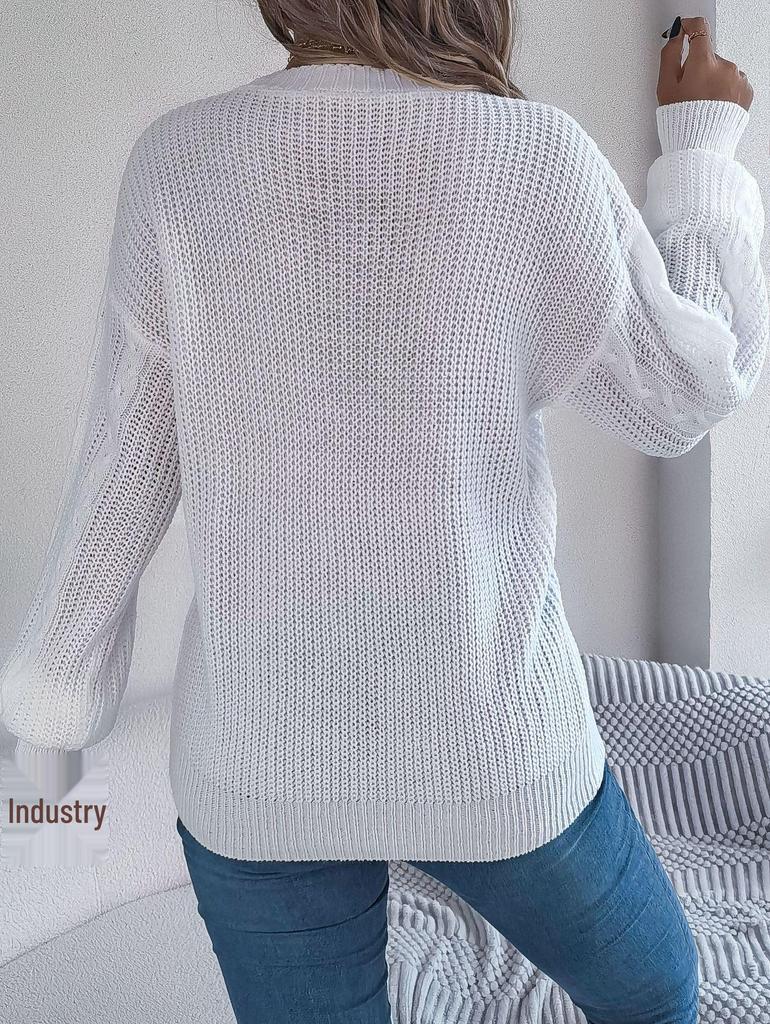 2025 Autumn/Winter V-neck Lantern Sleeve Cable Knit Button Cardigan Sweater for Women