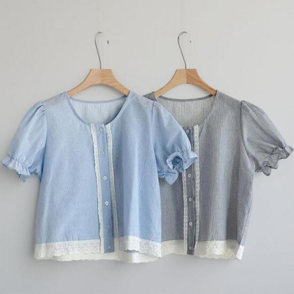 New Arrivals Open Run Women Stripe Lace Puff Sleeve Shirt