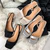 Silver First Layer Cowhide French Square Head Thin Heel Summer New Back Strap High Heel Simple Temperament Open-toed Sandals Women