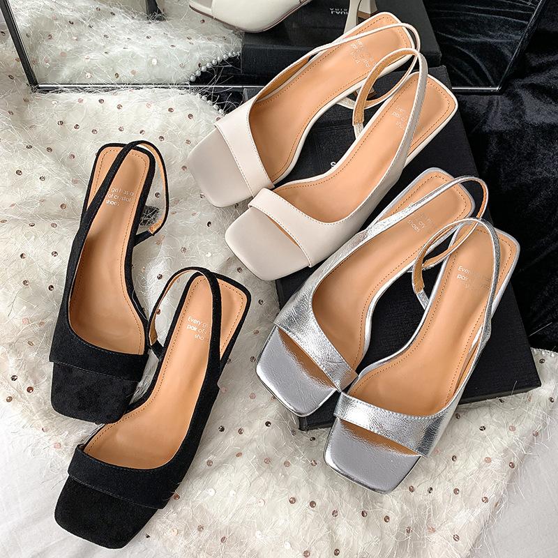 Silver First Layer Cowhide French Square Head Thin Heel Summer New Back Strap High Heel Simple Temperament Open-toed Sandals Women