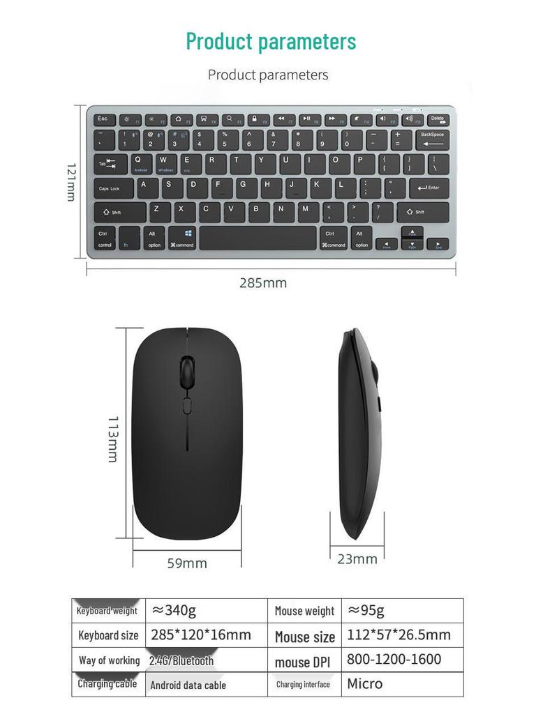 Portable Silent Bluetooth Wireless Keyboard and Mouse Set for Tablets