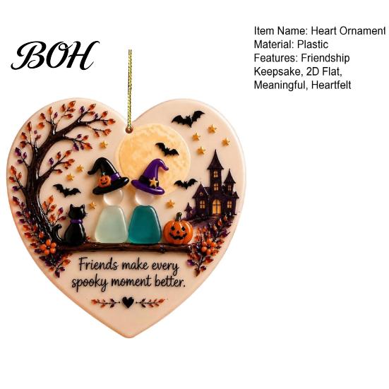Heart Shaped Coastal Decor Heart-Shaped Sea Glass Art Friendship Ornament, 2D Flat Ornament Keepsake, Halloween Pumpkin Black Cat Hanging Decoration,