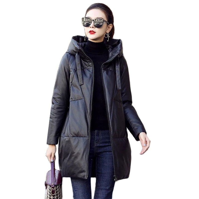 Winter Women's Warm Hooded PU Leather Jacket Thicken Snow Parkas Black Loose Long Coat Windproof Female Cotton Leather Overcoat