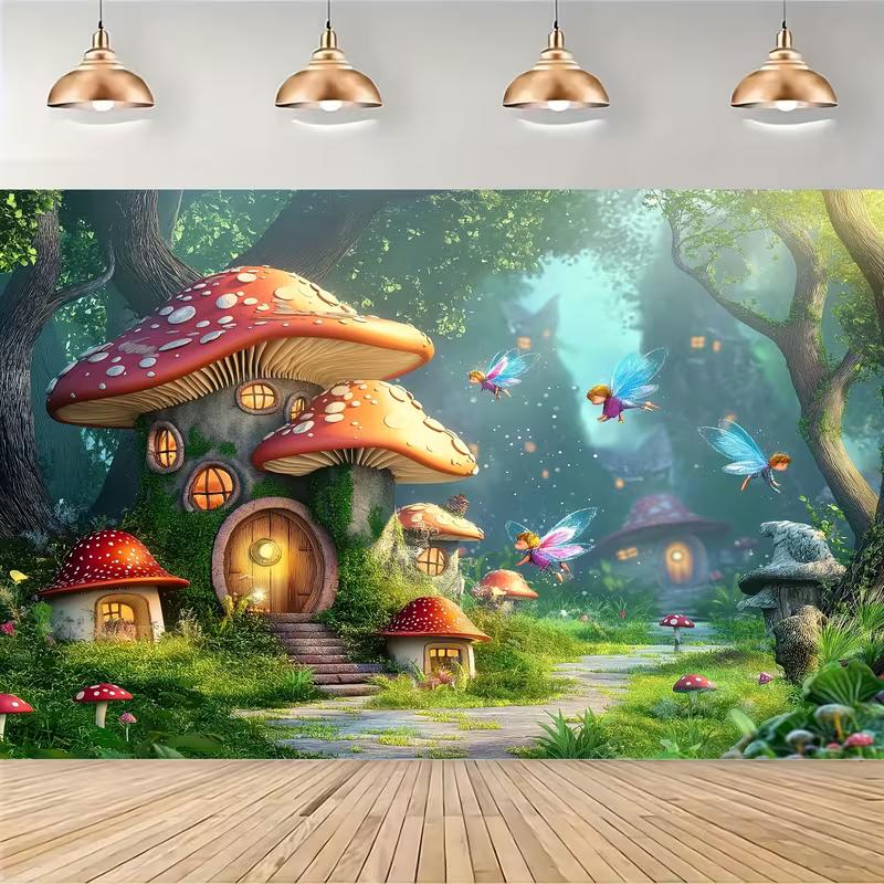 2D Enchanted Forest Fairy Tapestry, Magical Mushroom House Wall Hanging for Aesthetic Room Decoration