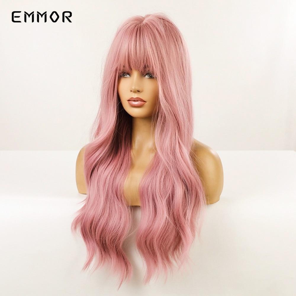 Water Wavy Wig for Women Long Pink Wavy Synthetic Wigs with Bangs Heat Resistant Fiber Daily Cosplay Hair