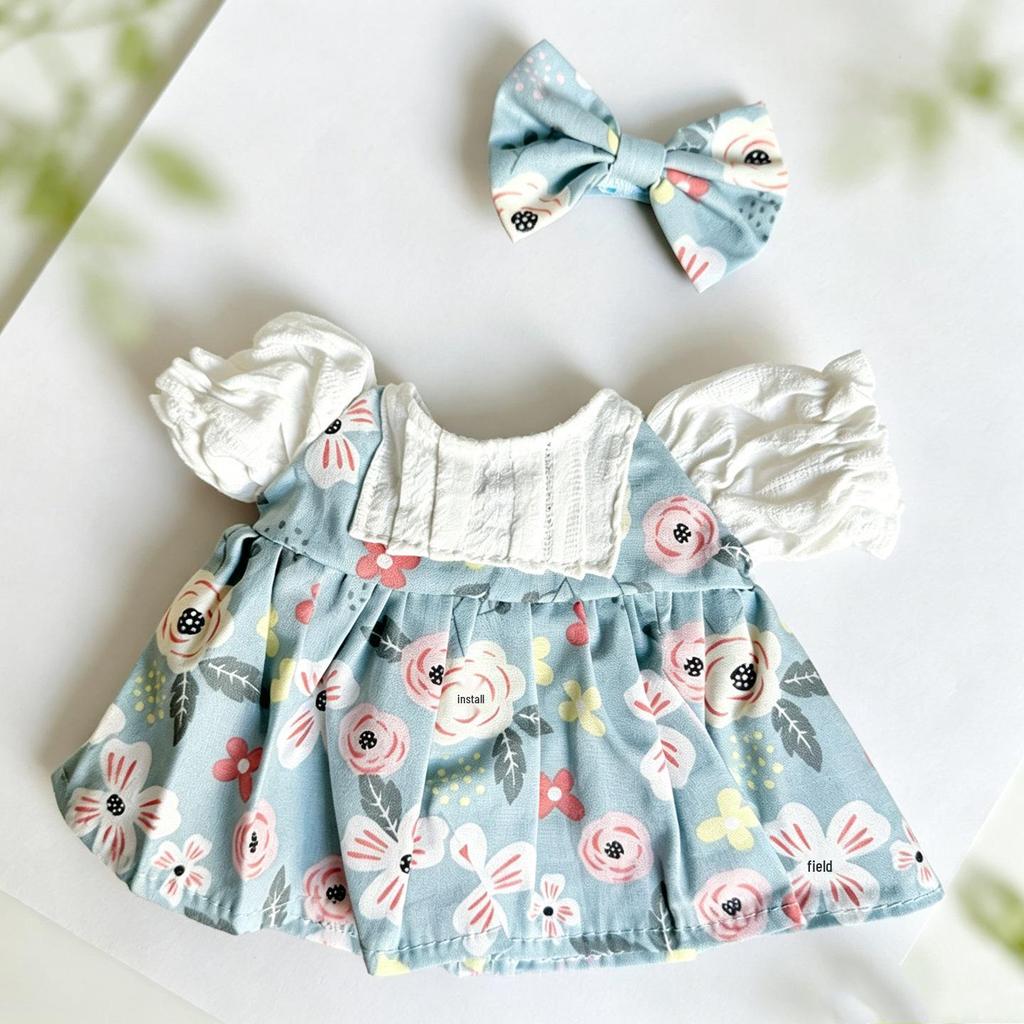 20cm Plush Doll Clothes: Fresh Floral Print Skirt Two-Piece Set for 3-Year-Old Doll, Third Generation Big Cute Series