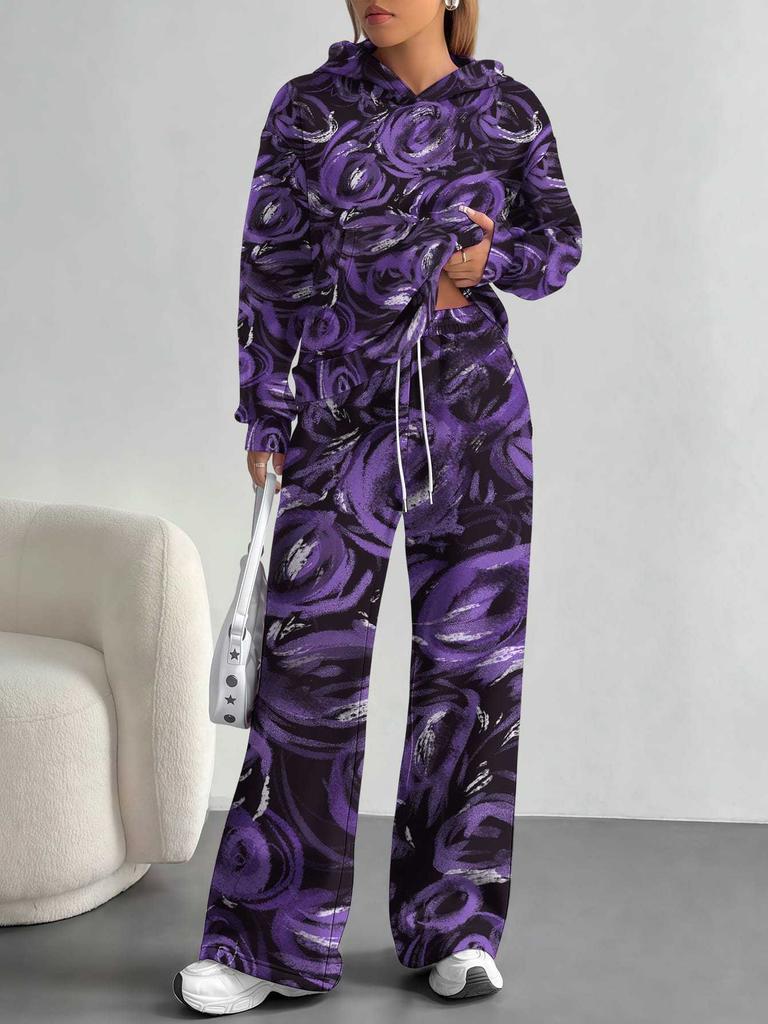 European And American Autumn And Winter Casual Long-Sleeved Suit Women'S Hooded Sweater Trousers Two-Piece Set Retro Elements
