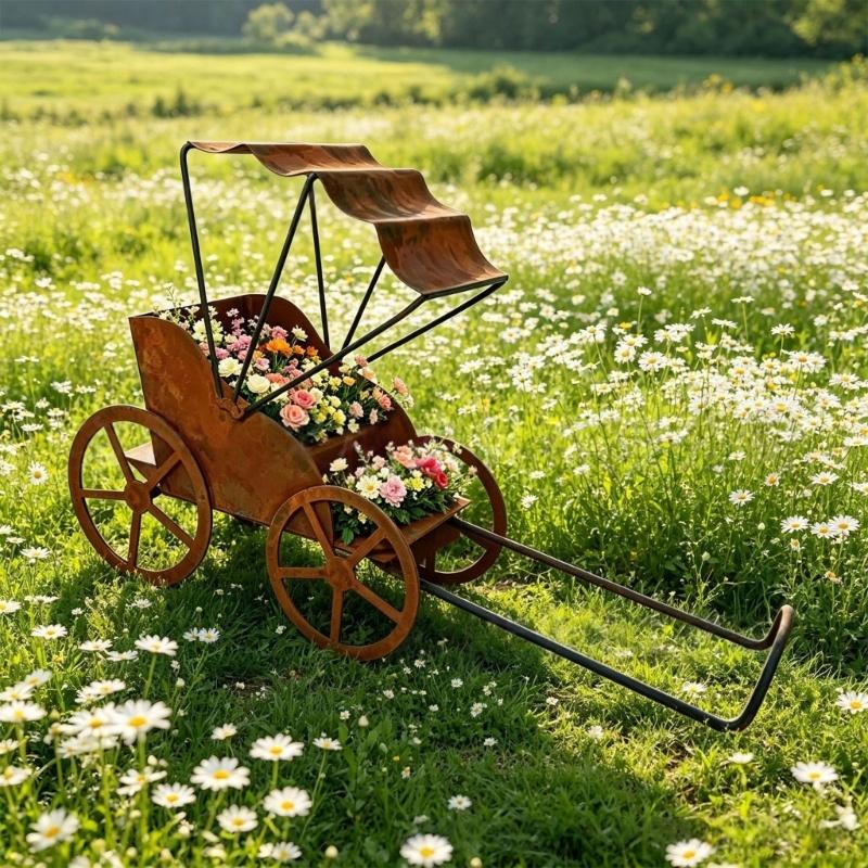 Metal Flower Pot Cart With Pull Handle and Wheel Frame, Aged Rickshaw Holder for Balcony Entry Corner, Porch and Home Garden Display