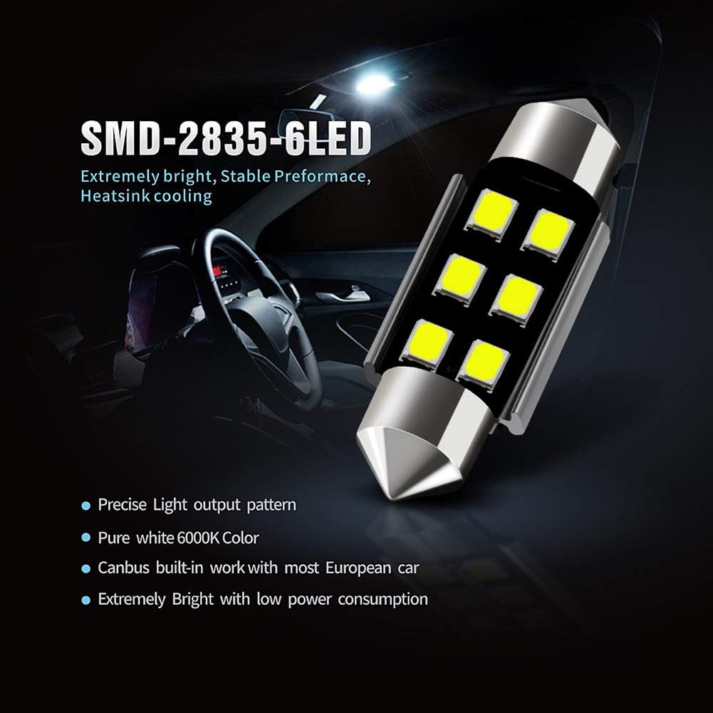 AUXLIGHT 6418 6411 DE3425 C5W DE3423 36MM 1.42”Festoon Canbus Error Free LED Interior Light Bulbs 6000K Xenon White, Super Bright 6SMD Chips for