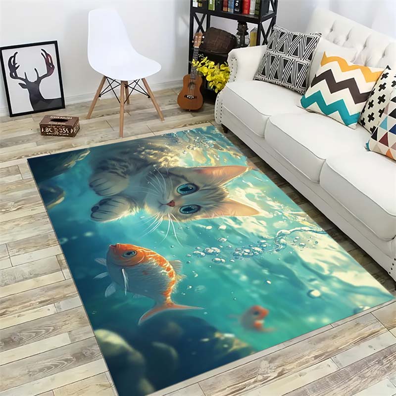Autumn Orange Cat Area Rug, Lazy Cat Floor Mat