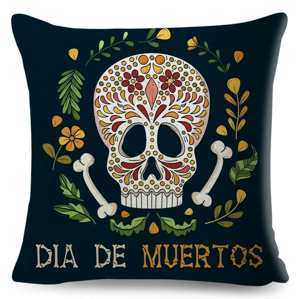 Day Of The Dead Pillowcase Decor Cartoon Mexico Flower Skull Print Cushion Cover for Sofa Home Polyester Pillow Case 45x45cm