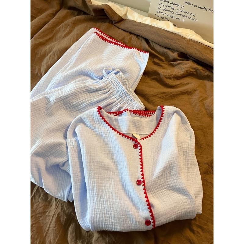 

ins wind lazy wind contrasting color cotton yarn long-sleeved pajamas women s spring and autumn new soft waxy trousers set in stock M