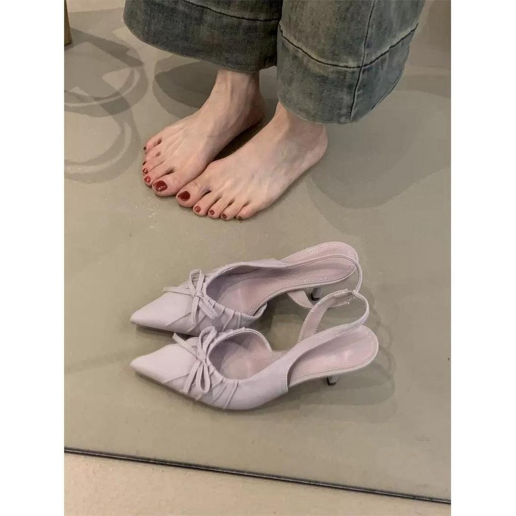 Niche temperament socialite Baotou high-heeled sandals women 2025 new pointed pleated shallow single shoes women