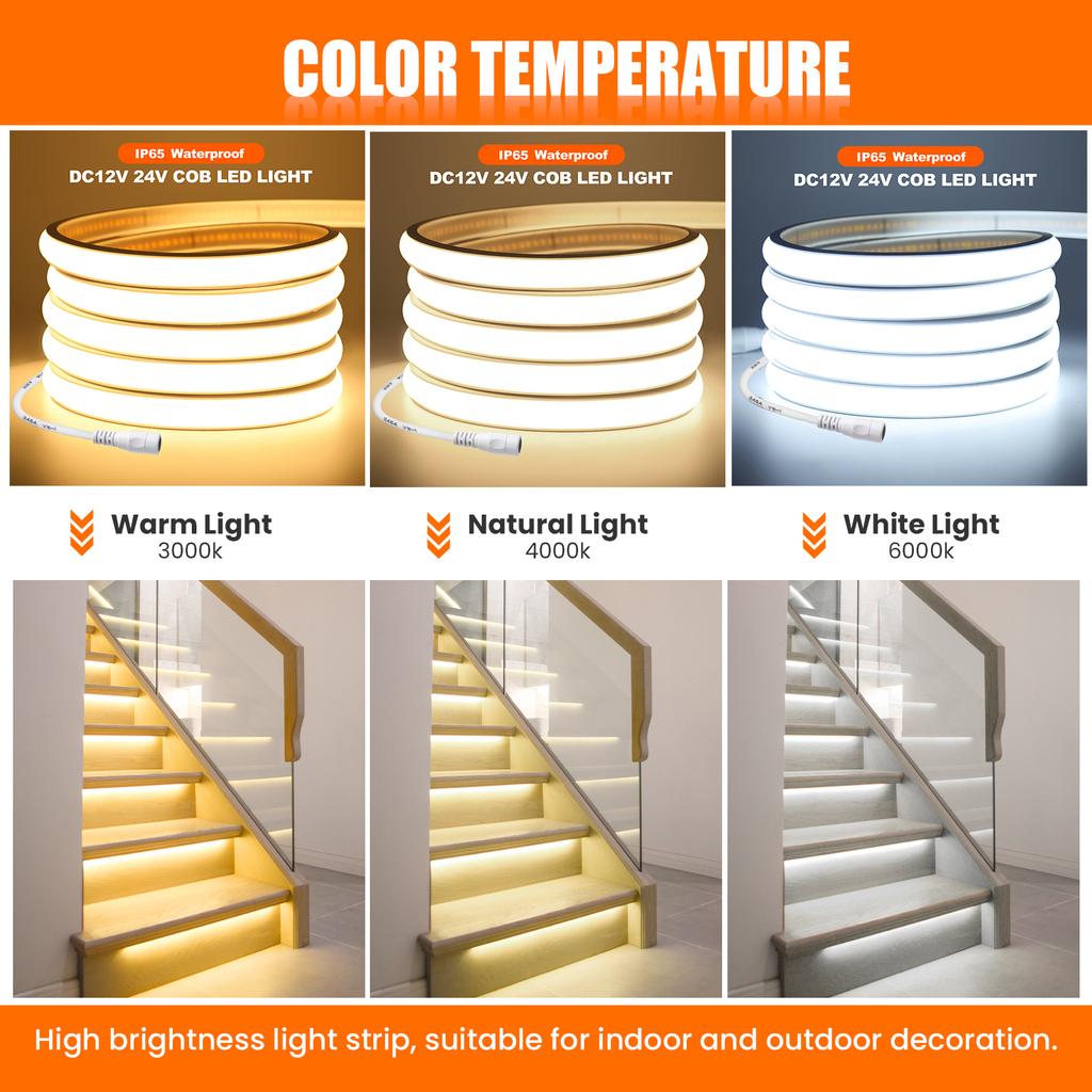 12V 24V COB Neon LED Strip 320 Leds M Waterproof High Brightness Flexible Ribbon Light 3000K 4000K 6000K For Home Decor 0.5M-20M