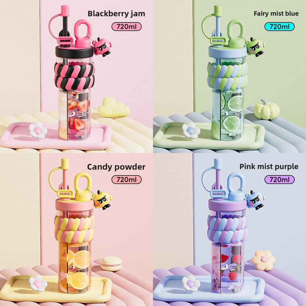 Girls Creative Cartoon Double Compartment Water Bottle With Straw For Students And Gifts