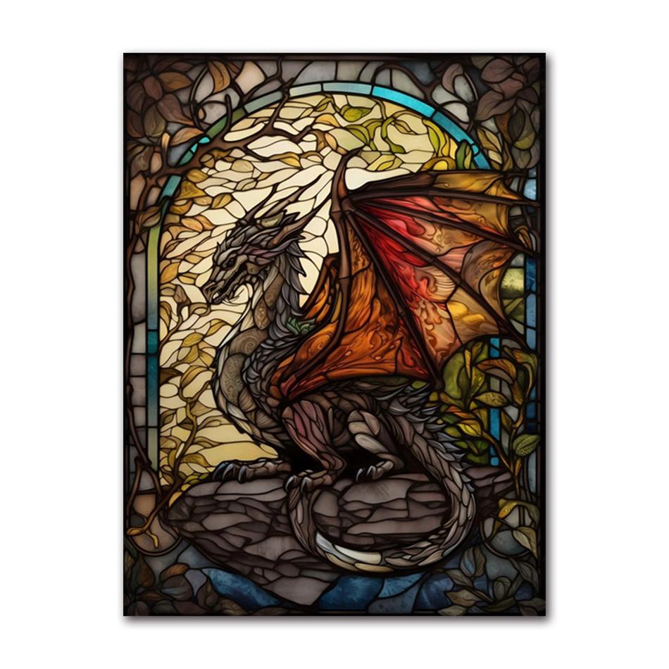 Anime Drache Buntglas Poster Abstrakte Drachen Graffiti Kunst Leinwandbild Coole Drachen Wandkunst Wandgemälde für Heimdekoration 21X30CMNo Framed