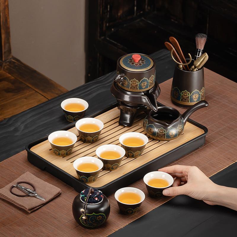 High-end black ancient rhyme tea set, home office light luxury automatic lazy tea set, a complete set of custom-printed holiday gifts