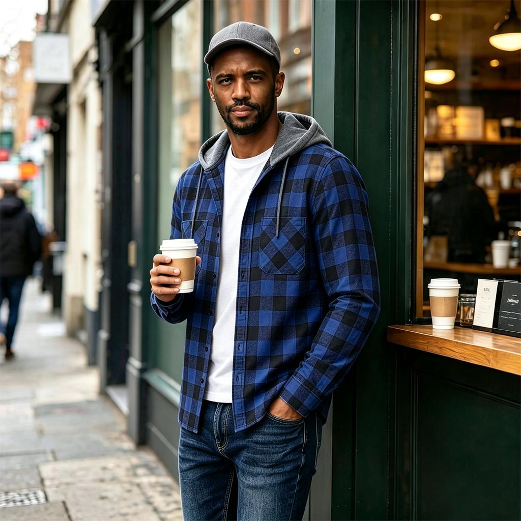 Men's Plaid Flannel Hoodie Fashion Casual Long Sleeve Pullover Sweatshirt with Hood