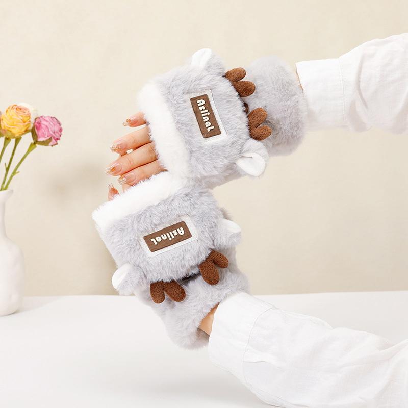 Color-Blocked Christmas Reindeer Half-Finger Flip Gloves, Winter-Proof, Fleece-Lined, Thick, Cute Gloves