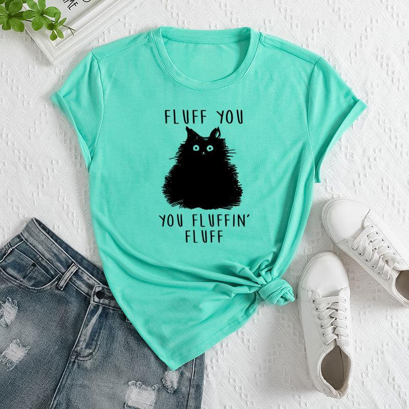 Summer Women's Letter Cat Print Round Neck Loose Casual Pure Cotton Short Sleeved T-shirts Women's