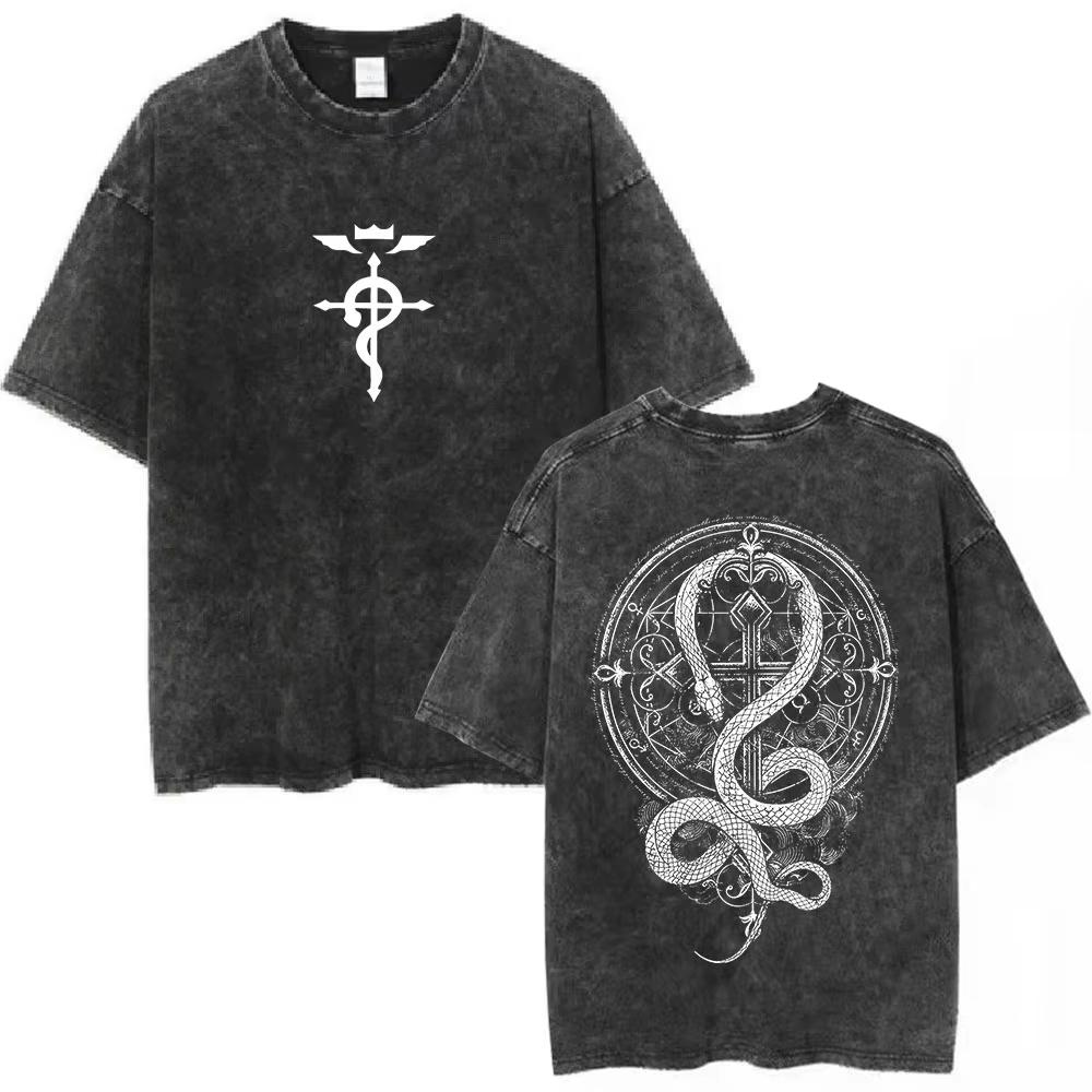 Anime Fullmetal Alchemist Graphic T‑Shirt Men Women Casual Oversized Vintage Washed Cotton Short Sleeve Streetwear Tee Tops