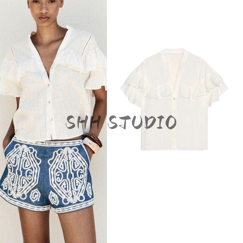 Summer New Product Women's Clothes Vacation Style Cut Out Embroider Laminated Decoration Minimalist Short Sleeve V-neck Shirt 1971060