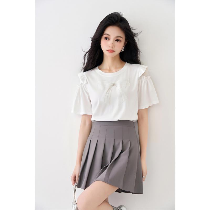 Chic 2026 Summer Bow Short Sleeve Lace Patchwork Top 2XL