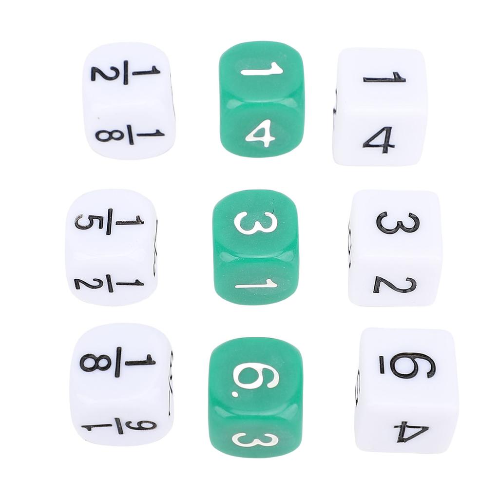 30 Stück 6-seitige Zahlenwürfel Kunststoff Weiß Grün 16mm Bruchteilwürfel Set für Brettspiele Matheunterricht