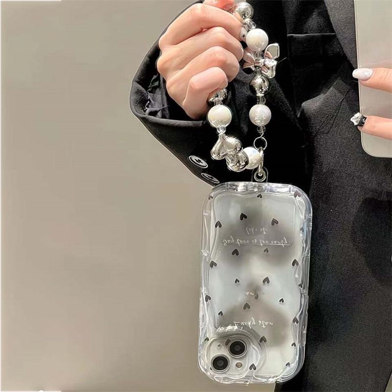 Black Dots Heart Cover For IPhone 17 Air 16 15 14 13 12 11 Pro Max 17 Pro 16e 15 Plus 13 Mini Case Love Bow Chain Silicone
