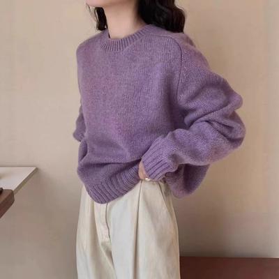 Retro Lazy Style Solid Round Neck Sweater Women Autumn Winter Loose Pullover Knit Top