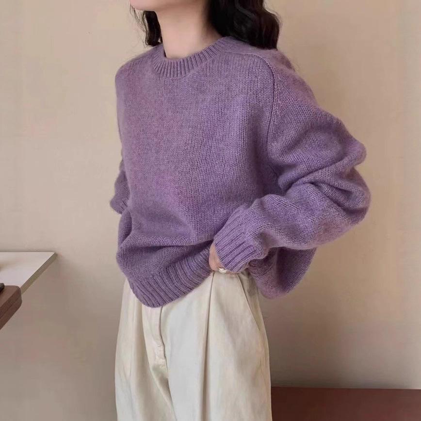 Round Neck Solid Color Pullover Sweater for Women Soft Autumn and Winter Knitted Top