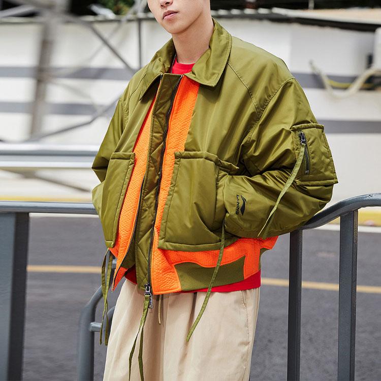 Li Ning Loose Fit Lapel Warm Cotton Jacket Men Jacket Olive-Green AJMQ739-2