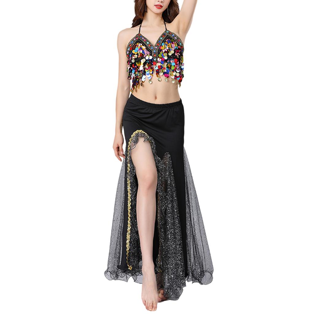 Dynamic Movement Belly Dance Outfit Glittering  Fringe Design Stage Show Ensemble Breathable Mesh Professional Wear