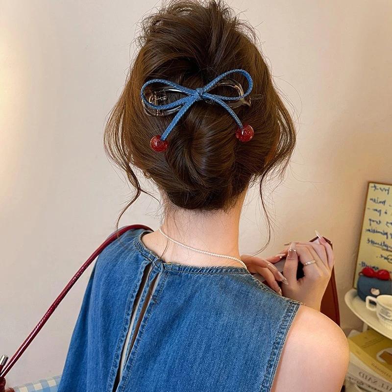 New Denim Bow Cherry Twist Hair Clips for Woman Girl Sweet Exquisite Vintage Long Hair Holder Hairpin Barrette Hair Accessories