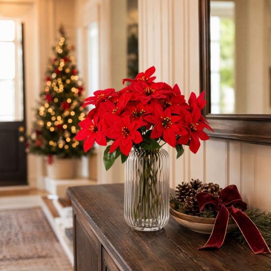 Artificial Poinsettia Flowers Bouquet 5 Head Faux Red Poinsettia Bush