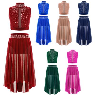 Conjunto de Danza Lírica Contemporánea para Niñas Top Corto de Pedrería Malla Gasa Maillot Hi-lo Falda Gimnasia Patinaje sobre Hielo Ballet Traje