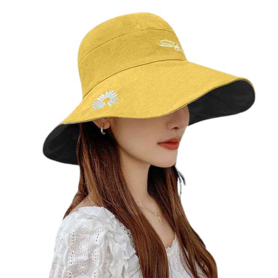 Women Summer Reversible Marguerite Embroidery Sun Protection Hat Fisherman Cap
