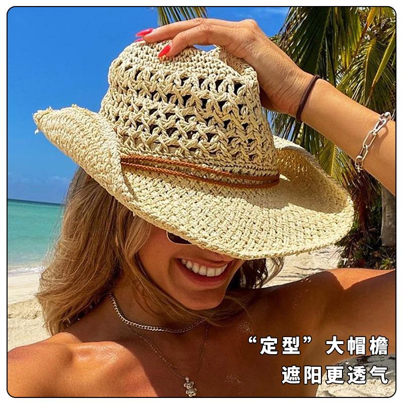 Hat female European and American style hand-woven straw hat retro western cowboy hat summer sun protection sun hat shade