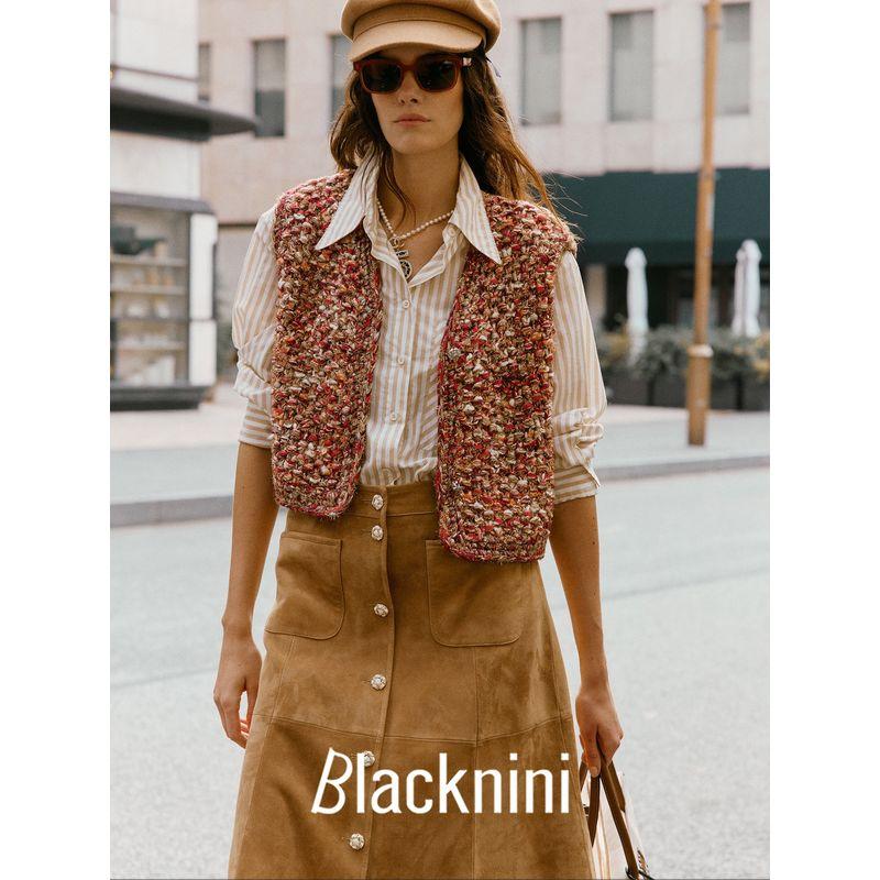 Blacknini Yin Waffle/"Christmas Eve" Du + Gold Leaf Feather Yarn Handmade Mohair Knitting Short/Long Vest