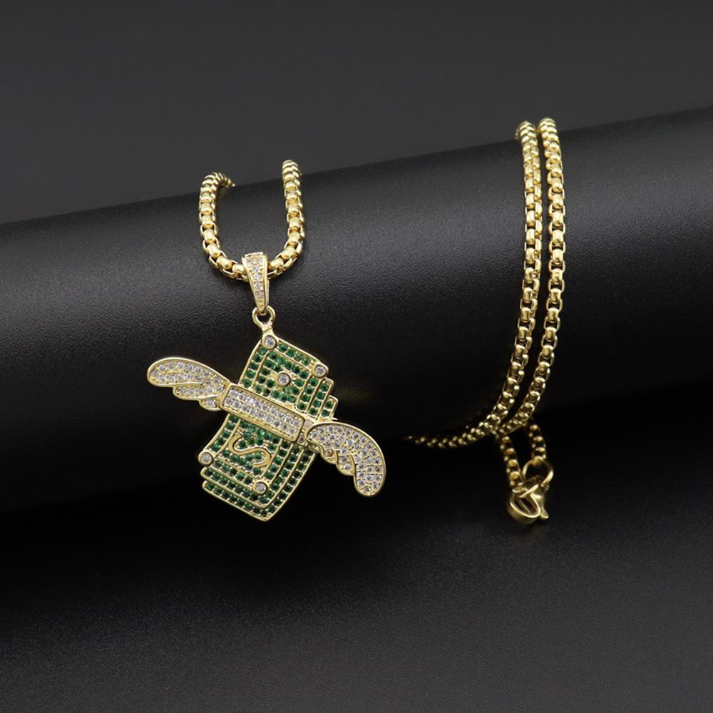 Euro-American Rap Style Hip Hop Dollar Wings Zircon Pendant Necklace for Men & Women
