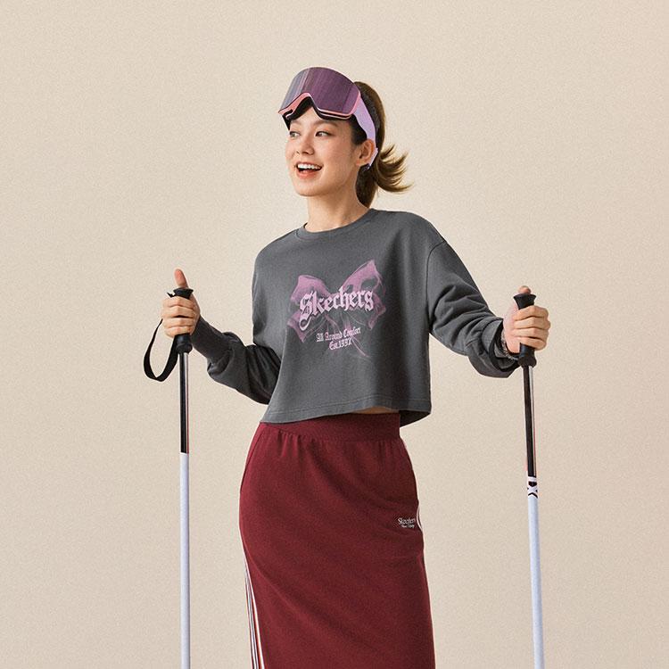 Skechers Sport Alliance Series American Retro Bow Element Logo Print Casual Commuter Comfortable Short Pullover Sweatshirt L325W065-013P