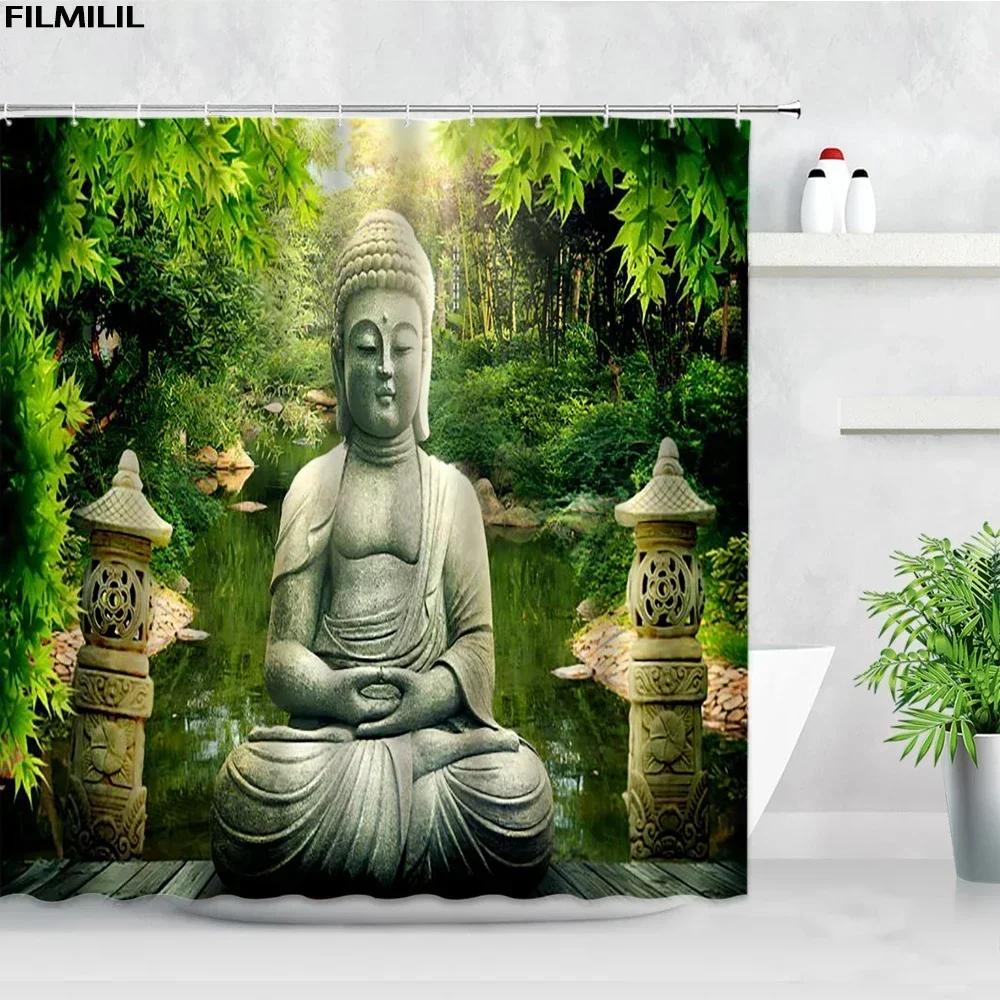 Zen Green Bamboo Shower Curtains Stone Buddha Lotus Candle Asian Japanese Spa Garden Scenery Bath Curtain Fabric Bathroom Decor