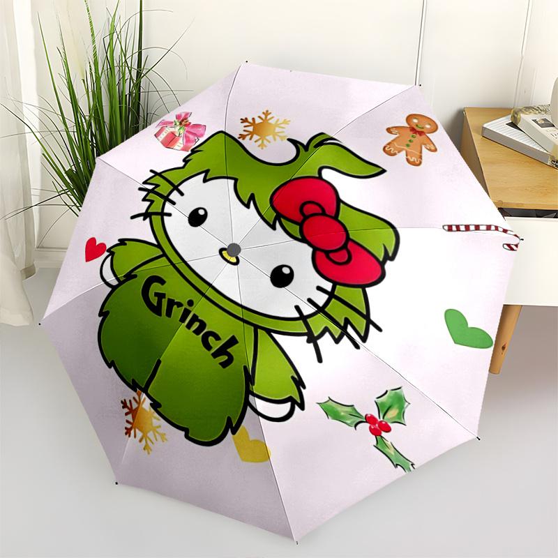 

1pc Hello Kitty Grinch Christmas Edition Umbrella - Automatic Open/Closed, Portable Tri-Fold Design, 8-Rib Iron Frame, Outdoor, Festive Gift for Fans,